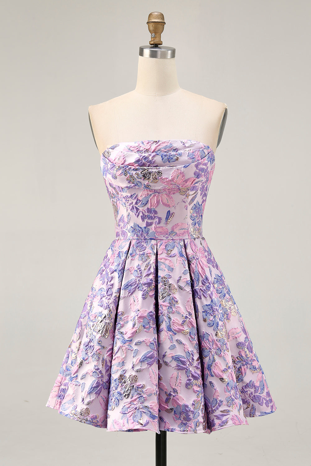 Floral Lilac A Line Ruched Strapless Short Homecoming Dress