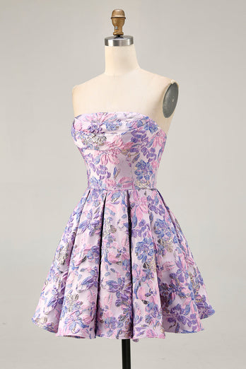 Floral Lilac A Line Ruched Strapless Short Homecoming Dress