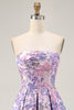Load image into Gallery viewer, Floral Lilac A Line Ruched Strapless Short Homecoming Dress