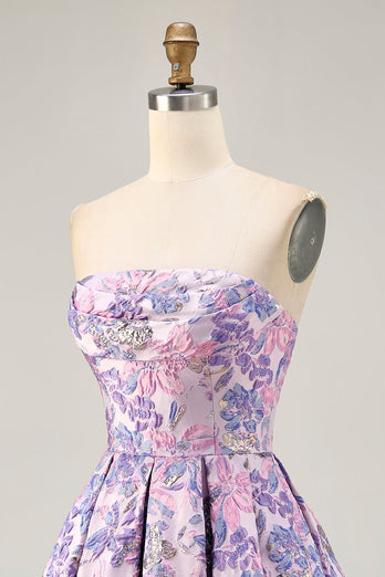 Floral Lilac A Line Ruched Strapless Short Homecoming Dress