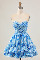 Load image into Gallery viewer, Floral Blue A Line Sweetheart Short Homecoming Dress with Ruffles