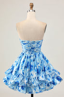 Load image into Gallery viewer, Floral Blue A Line Sweetheart Short Homecoming Dress with Ruffles