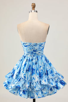 Floral Blue A Line Sweetheart Short Homecoming Dress with Ruffles