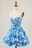 Load image into Gallery viewer, Floral Blue A Line Sweetheart Short Homecoming Dress with Ruffles