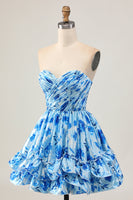 Load image into Gallery viewer, Floral Blue A Line Sweetheart Short Homecoming Dress with Ruffles