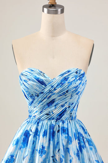 Floral Blue A Line Sweetheart Short Homecoming Dress with Ruffles