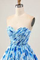 Load image into Gallery viewer, Floral Blue A Line Sweetheart Short Homecoming Dress with Ruffles