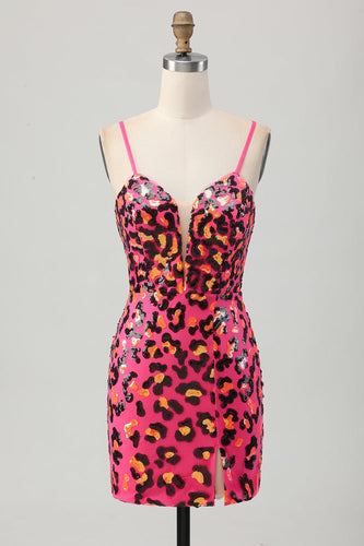 Sparkly Fuchsia Sequin Leopard Tight Short Homecoming Dress