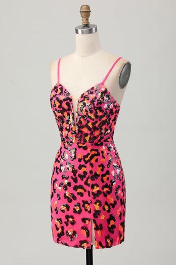 Sparkly Fuchsia Sequin Leopard Tight Short Homecoming Dress