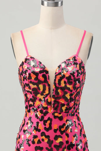Sparkly Fuchsia Sequin Leopard Tight Short Homecoming Dress