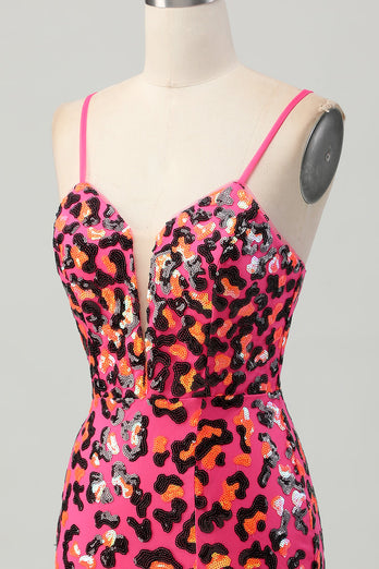 Sparkly Fuchsia Sequin Leopard Tight Short Homecoming Dress
