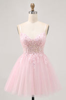 Load image into Gallery viewer, Sparkly Pink A Line Tulle Short Corset Homecoming Dress with Lace