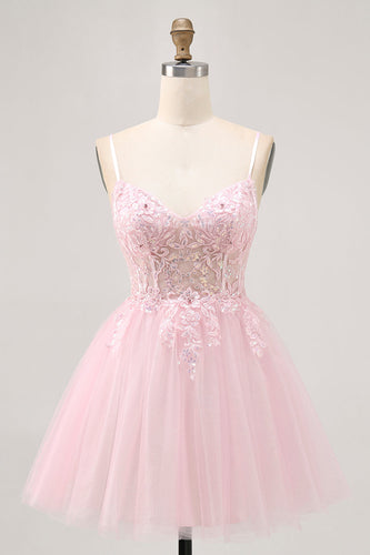 Sparkly Pink A Line Tulle Short Corset Homecoming Dress with Lace