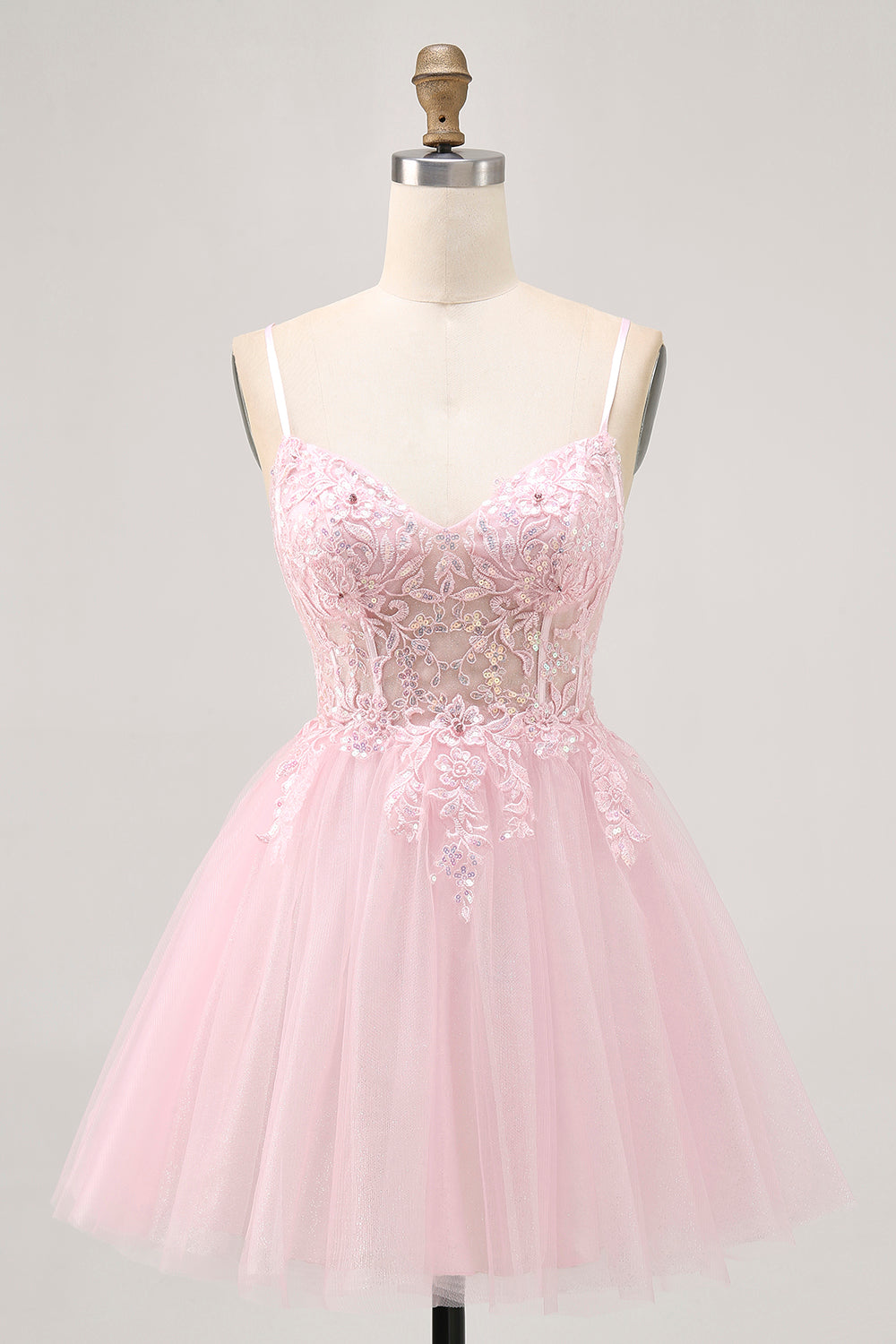 Sparkly Pink A Line Tulle Short Corset Homecoming Dress with Lace