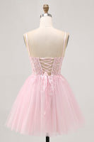Load image into Gallery viewer, Sparkly Pink A Line Tulle Short Corset Homecoming Dress with Lace