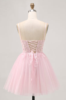 Sparkly Pink A Line Tulle Short Corset Homecoming Dress with Lace