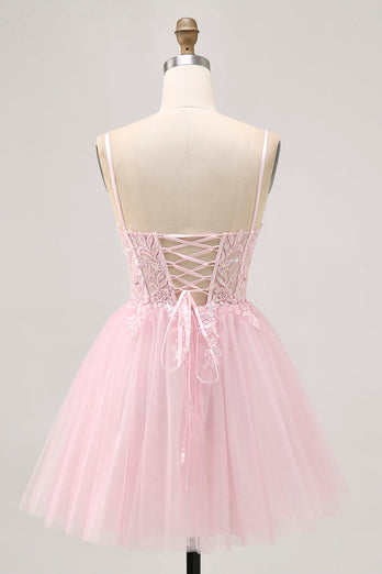Sparkly Pink A Line Tulle Short Corset Homecoming Dress with Lace