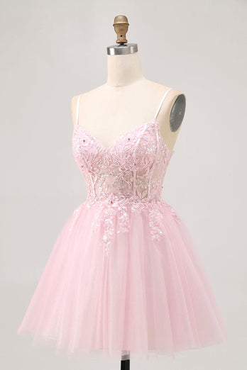 Sparkly Pink A Line Tulle Short Corset Homecoming Dress with Lace