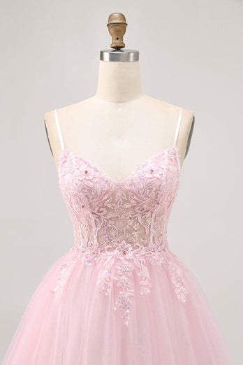 Sparkly Pink A Line Tulle Short Corset Homecoming Dress with Lace