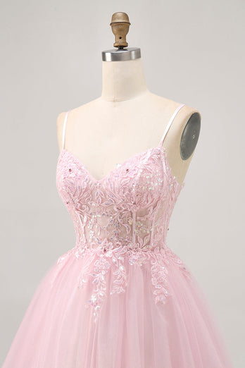 Sparkly Pink A Line Tulle Short Corset Homecoming Dress with Lace