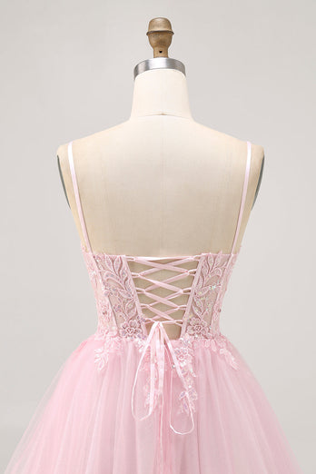 Sparkly Pink A Line Tulle Short Corset Homecoming Dress with Lace