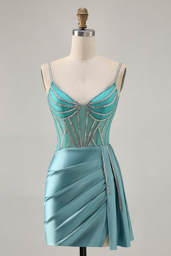 Sparkly Green Satin Tight Short Corset Homecoming Dress
