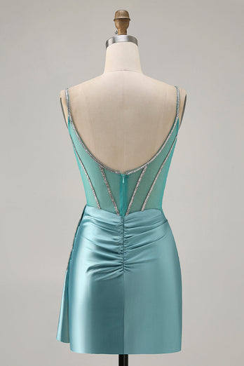 Sparkly Green Satin Tight Short Corset Homecoming Dress