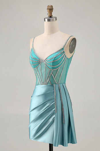Sparkly Green Satin Tight Short Corset Homecoming Dress