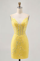 Load image into Gallery viewer, Sparkly Floral Yellow Tight Short Corset Homecoming Dress with Sequins