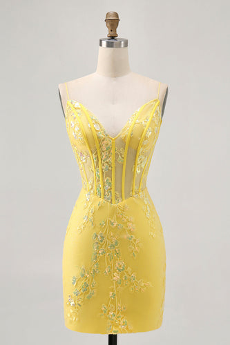 Sparkly Floral Yellow Tight Short Corset Homecoming Dress with Sequins