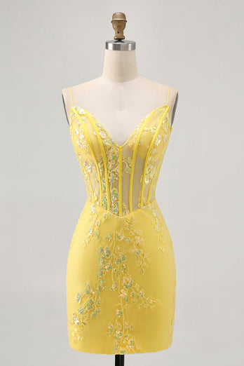 Sparkly Floral Yellow Tight Short Corset Homecoming Dress with Sequins