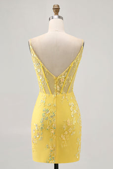 Sparkly Floral Yellow Tight Short Corset Homecoming Dress with Sequins