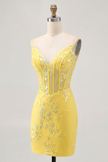 Sparkly Floral Yellow Tight Short Corset Homecoming Dress with Sequins