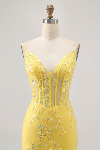 Sparkly Floral Yellow Tight Short Corset Homecoming Dress with Sequins