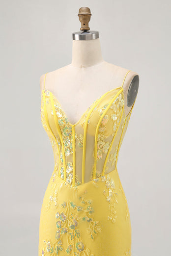 Sparkly Floral Yellow Tight Short Corset Homecoming Dress with Sequins