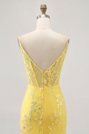Sparkly Floral Yellow Tight Short Corset Homecoming Dress with Sequins