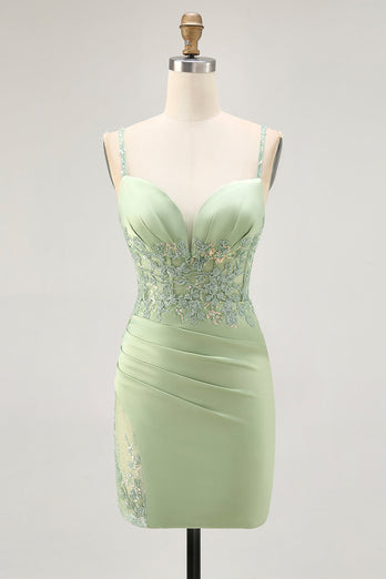 Sparkly Matcha Tight Satin Short Corset Homecoming Dress with Lace