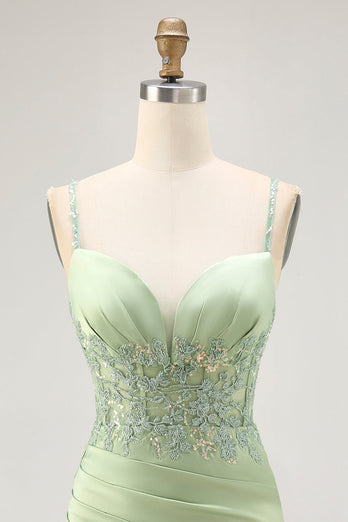 Sparkly Matcha Tight Satin Short Corset Homecoming Dress with Lace