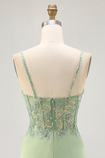 Sparkly Matcha Tight Satin Short Corset Homecoming Dress with Lace