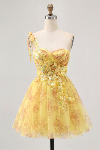 Sparkly Yellow One Shoulder Short Floral Homecoming Dress with Bow