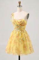 Load image into Gallery viewer, Sparkly Yellow One Shoulder Short Floral Homecoming Dress with Bow
