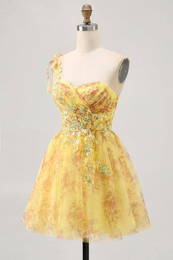 Sparkly Yellow One Shoulder Short Floral Homecoming Dress with Bow