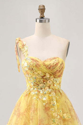 Sparkly Yellow One Shoulder Short Floral Homecoming Dress with Bow