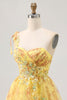 Load image into Gallery viewer, Sparkly Yellow One Shoulder Short Floral Homecoming Dress with Bow