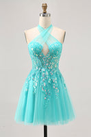 Load image into Gallery viewer, Sparkly Green Corset Halter Short Homecoming Dress with Appliques
