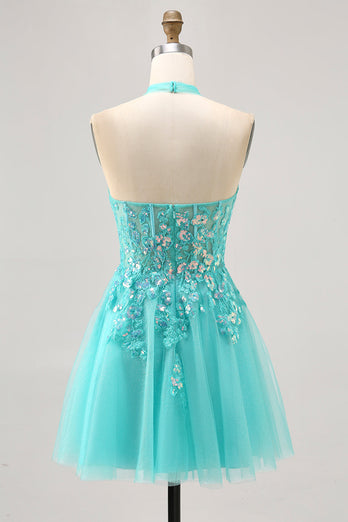 Sparkly Green Corset Halter Short Homecoming Dress with Appliques