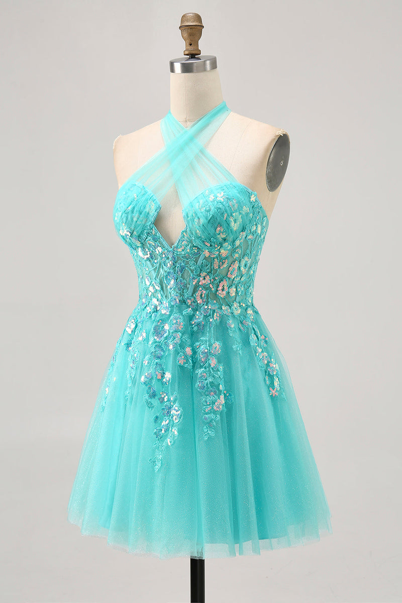 Load image into Gallery viewer, Sparkly Green Corset Halter Short Homecoming Dress with Appliques