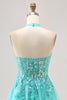 Load image into Gallery viewer, Sparkly Green Corset Halter Short Homecoming Dress with Appliques