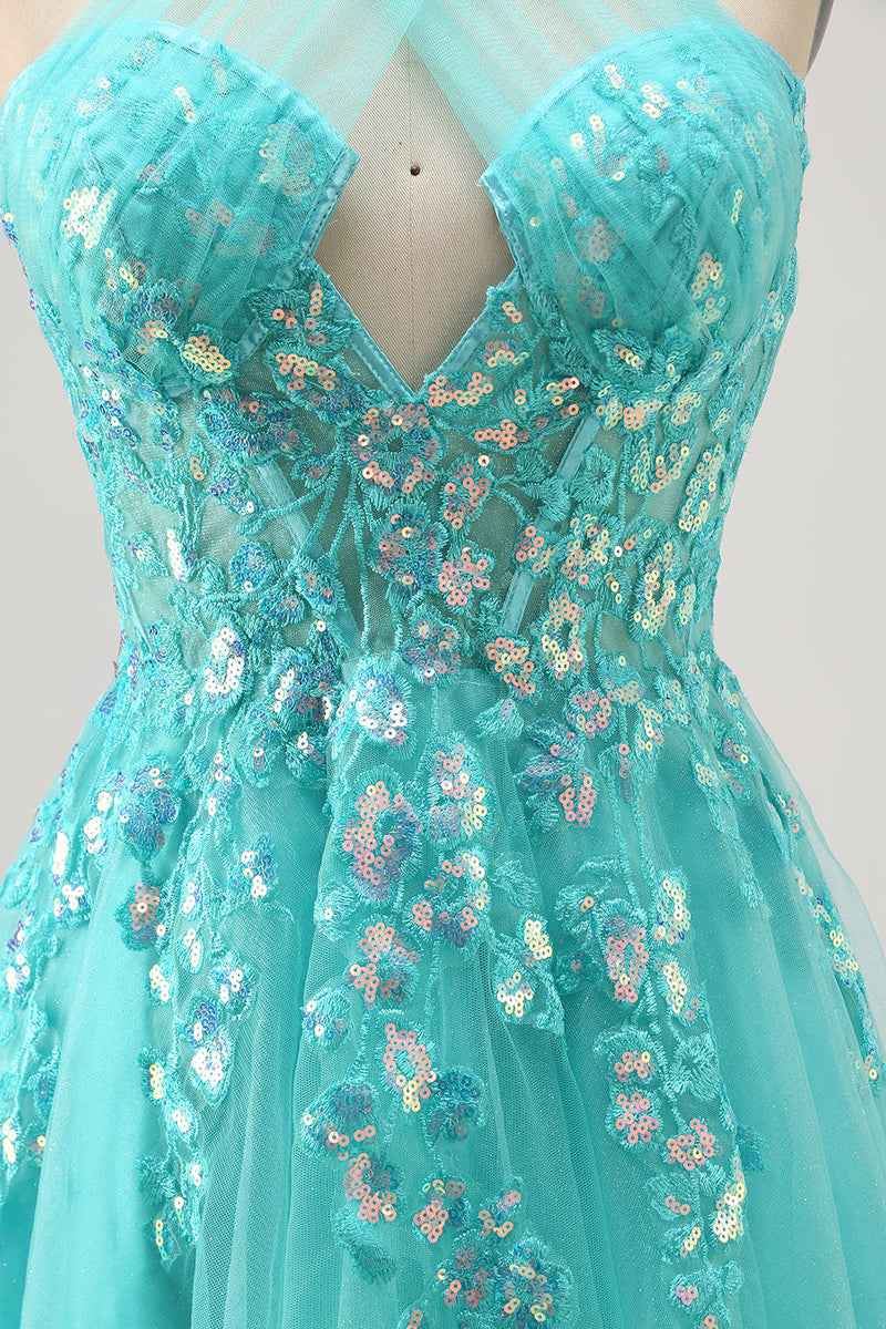 Load image into Gallery viewer, Sparkly Green Corset Halter Short Homecoming Dress with Appliques
