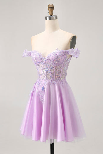 Glitter Lilac A Line Appliqued Short Corset Homecoming Dress